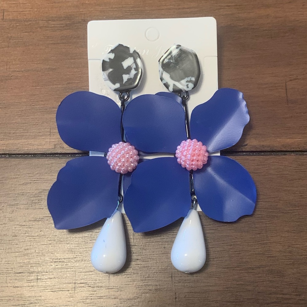 Large Flower Statement Earrings Blue NWOT